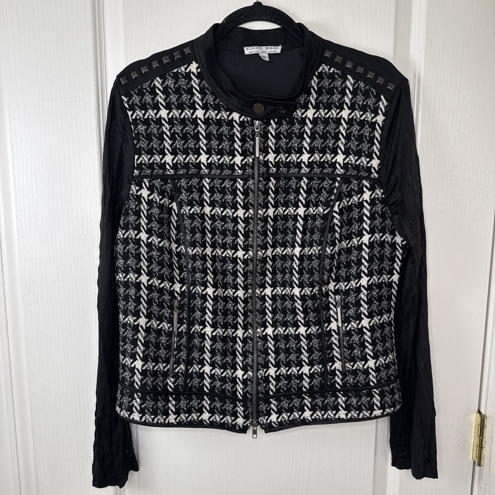 Alberto Makali Houndstooth Tweed Moto Jacket Womens XL Faux Leather Trim